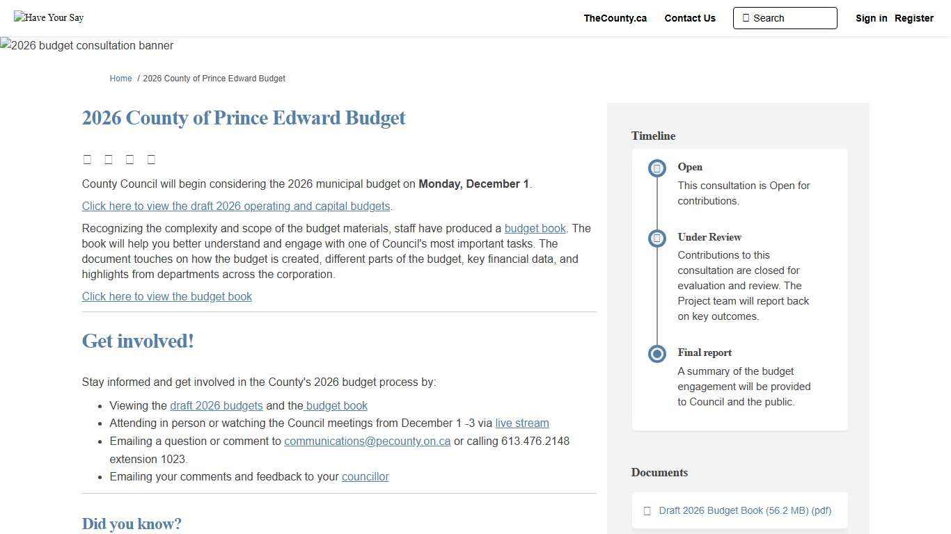2026 County of Prince Edward Budget Have Your Say