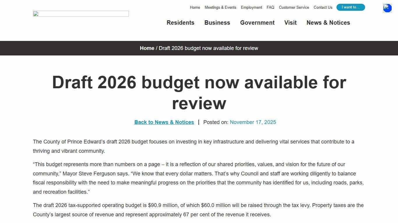 Draft 2026 budget now available for review - Prince Edward County Municipal Services
